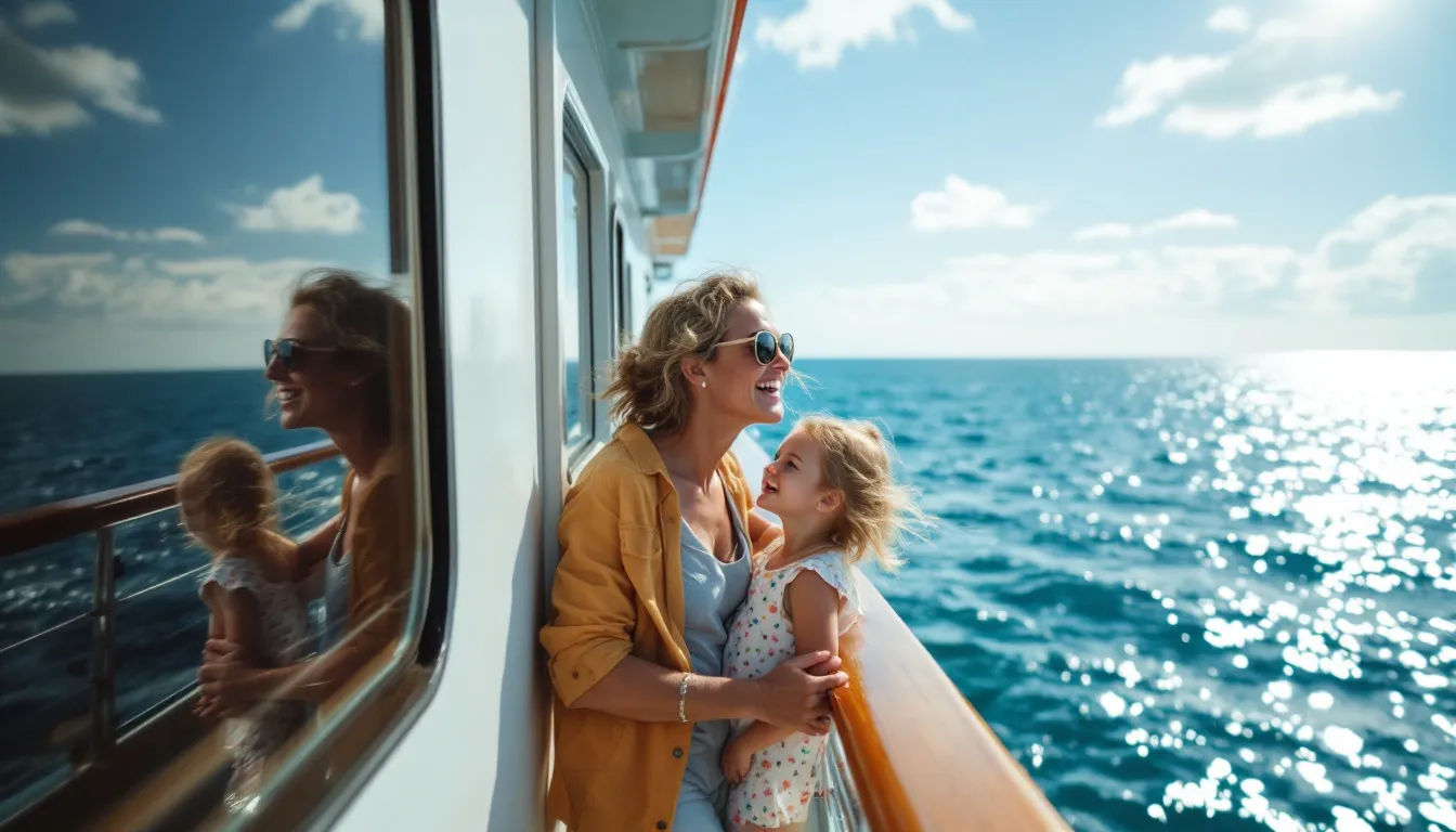 Een lachend gezin met twee kinderen leunt tegen de reling van een cruiseschip en kijkt uit over de azuurblauwe zee terwijl de zon ondergaat.