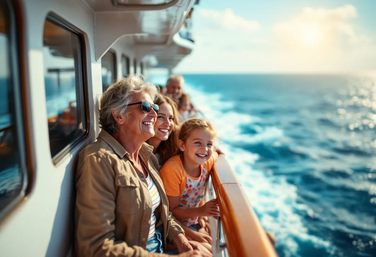 Een lachend gezin met twee kinderen leunt tegen de reling van een cruiseschip en kijkt uit over de azuurblauwe zee terwijl de zon ondergaat.